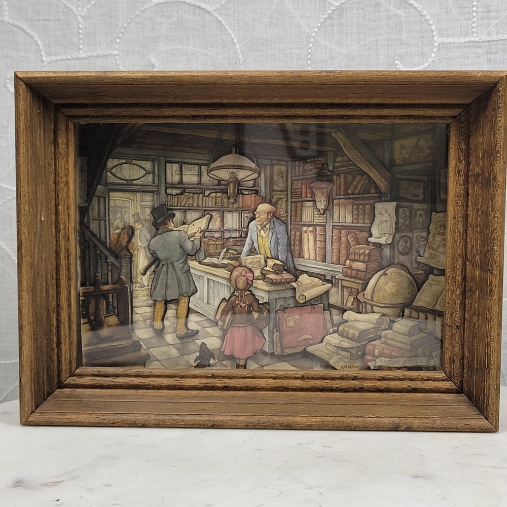 VTG Anton Pieck In the Bookstore 3D Diorama Shadow Box Wood Frame